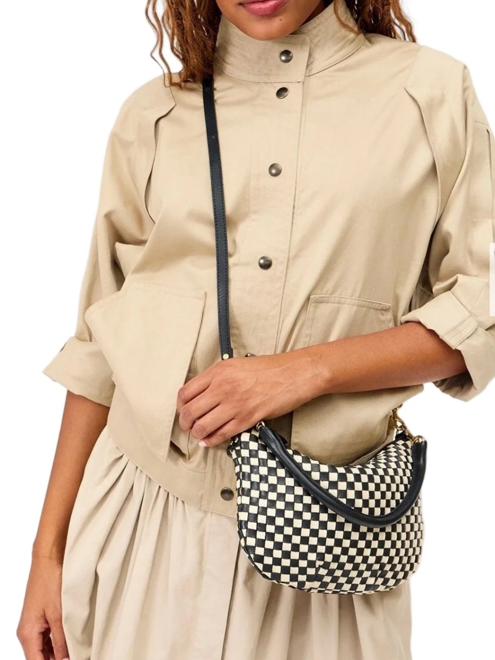 Clare V Petite Moyen Messenger Checker Shoulder / Crossbody Bag Black/Cream - Picture 3 of 12